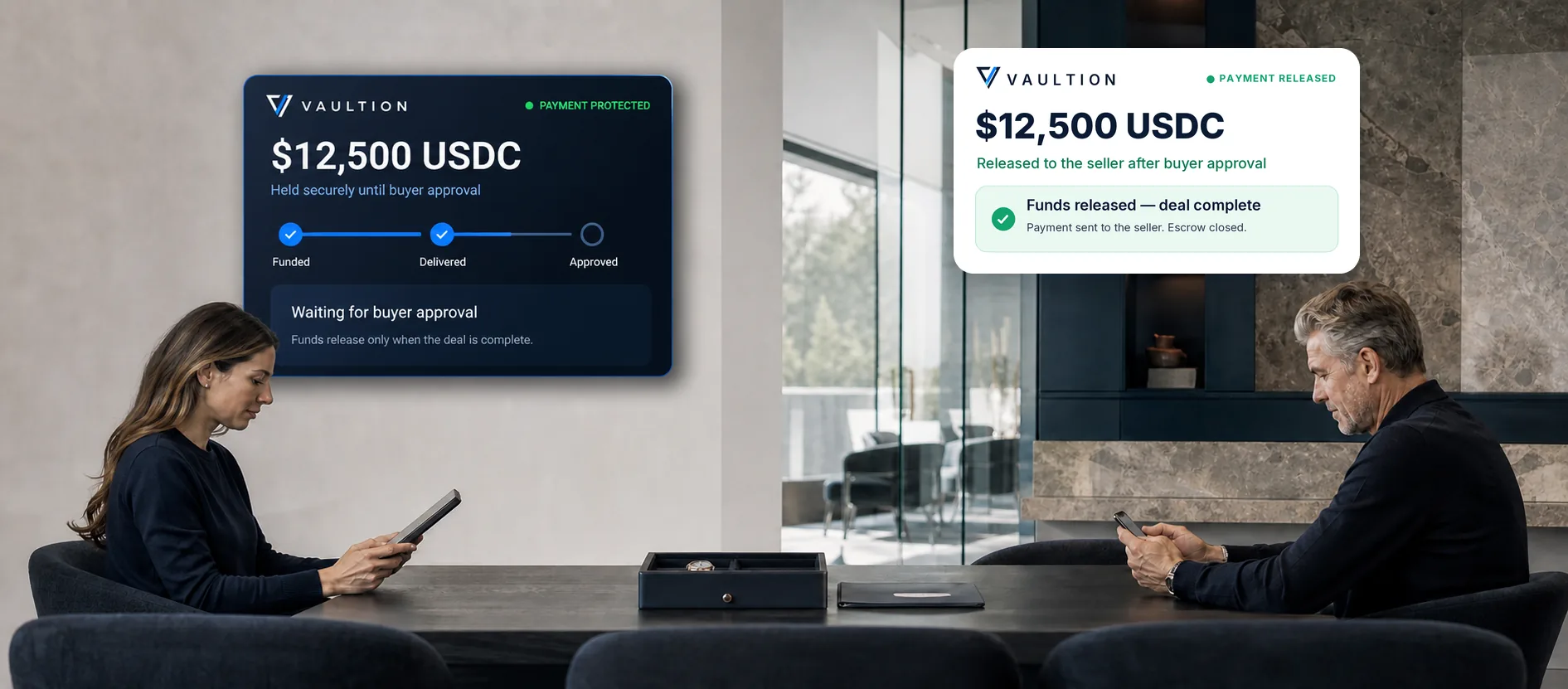 Buyer and seller completing a protected Vaultion escrow transaction: the payment held securely on the buyer’s side, released to the seller after approval.